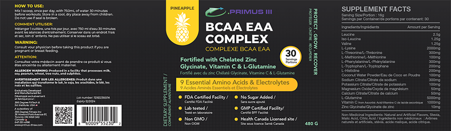 .PRIMUS III BCAA EAA Electrolytes. Fortified with Vitamin C, Zinc, & L Glutamine. Pineapple Flavour