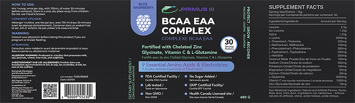 .PRIMUS III BCAA EAA Electrolytes. Fortified with Vitamin C, Zinc, & L Glutamine. Blue Raspberry Flavour