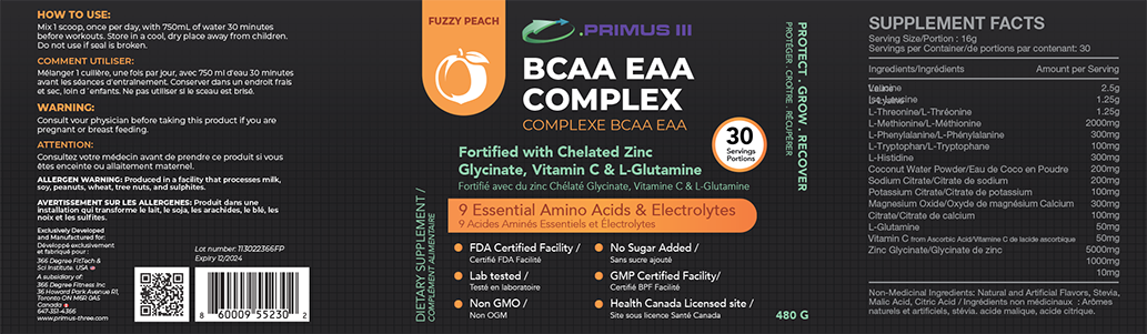 .PRIMUS III BCAA Electrolytes. Fortified with Vitamin C, Zinc & L Glutamine. Fuzzy Peach Flavour
